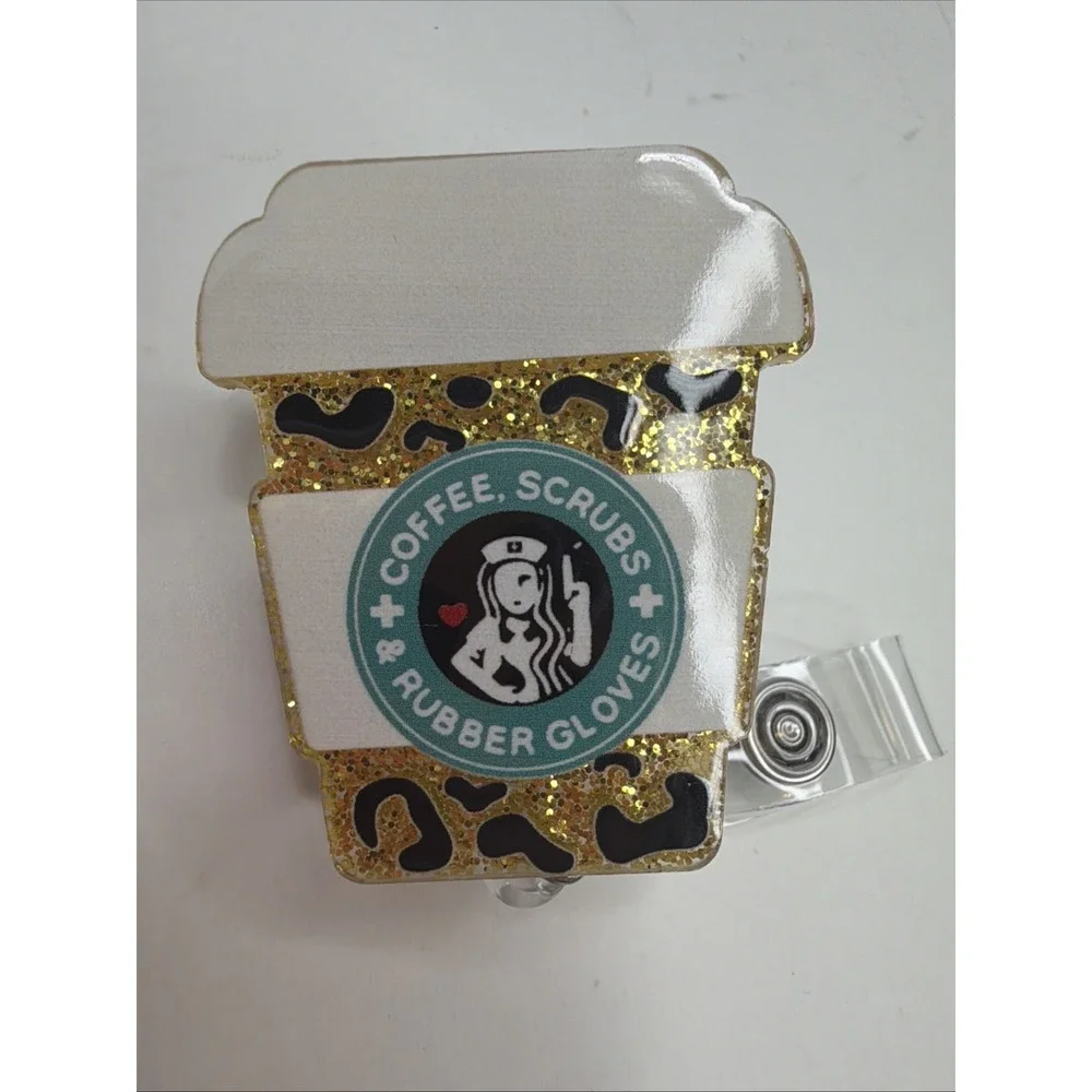 Cute Leopard Coffee Scrub Heart Retractable Badge Reel with ID Clip NEW